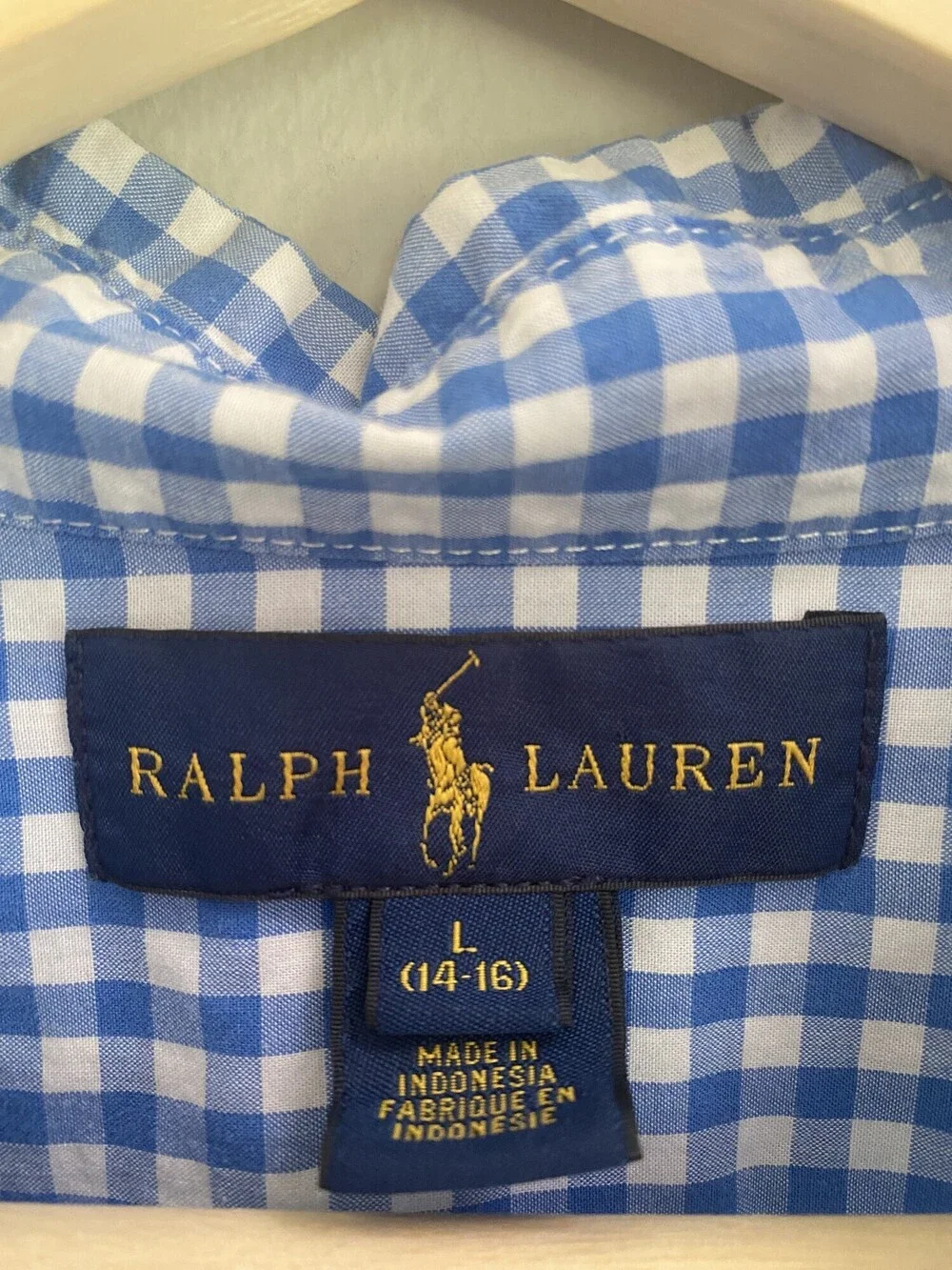 Ralph Lauren Boys Blue White Gingham Button Down Shirt L 14-16